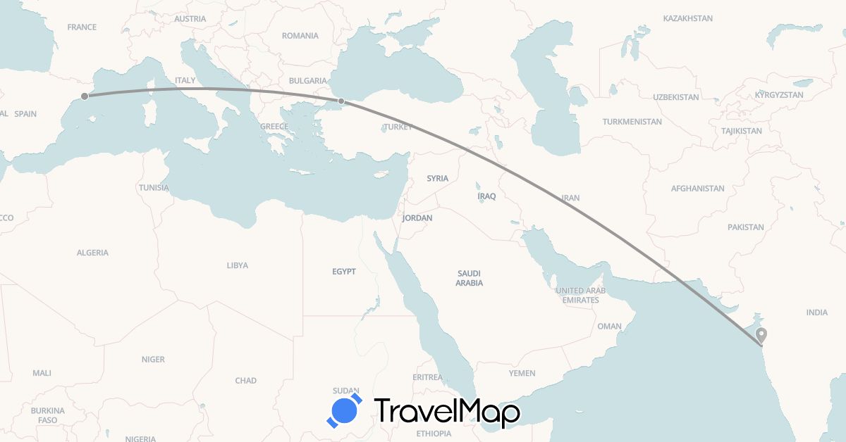 TravelMap itinerary: plane in Spain, India, Turkey (Asia, Europe)